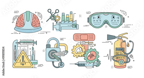 Safety Equipment and Protective Gear Icons Set.
