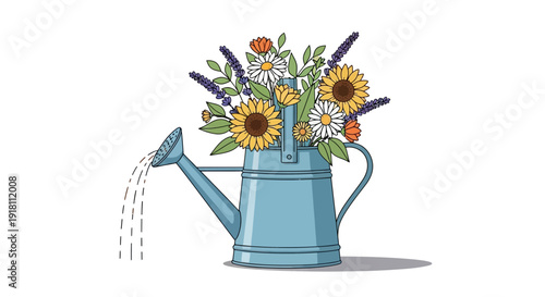 Watering Can with Sunflowers and Flowers.