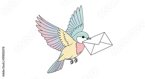 Colorful Bird Delivering Letter in Beak.