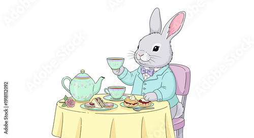 Rabbit Enjoying Tea and Sweets at Table.