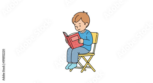 Young Boy Reading a Book Sitting.