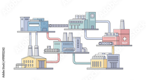 Industrial Factory Buildings with Pipes and Towers.