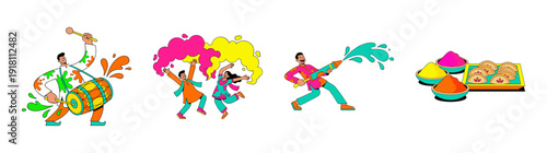 Flat Vector Holi Festival People and Food Element Kit for Hindu Spring Celebration Graphics