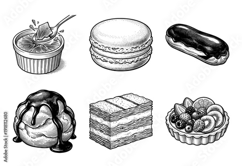 Set of classic French desserts and pastries in vintage hand drawn woodcut style