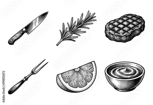 Vintage hand drawn engraving style culinary collection featuring grilled steak rosemary sprig citrus wedge sauce bowl and carving tools
