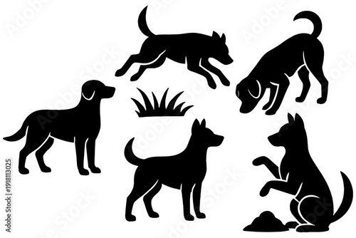 set of dogs silhouettes,
Canine Poses Silhouettes – Domestic Pet Illustration Bundle