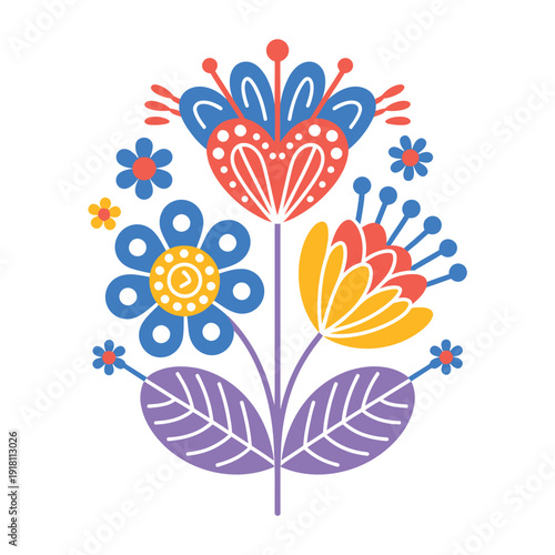 Stylized floral arrangement featuring bold colors and simple shapes