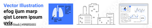 Healthcare, urban infrastructure planning, digital analytics, scientific research, technology integration, information systems. Set of visuals lungs diagram, cityscape and data dashboard. Healthcare