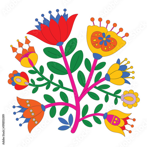 Stylized floral arrangement with vibrant colors and folk art inspiration