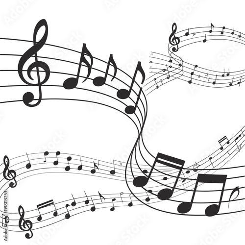 Musical notes and clef floating in a dynamic abstract composition