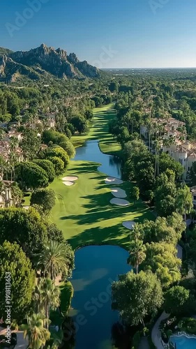 Aerial view of a lush golf course surrounded by greenery and homes