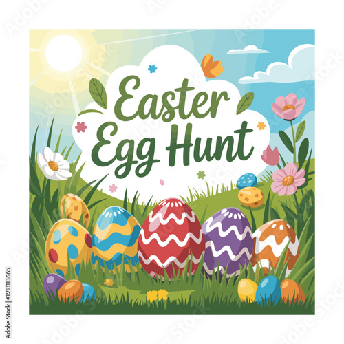 Colorful Easter egg hunt scene with decorated eggs in grass