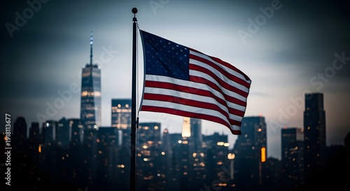 American flag waving in front of new york city skyline at dusk