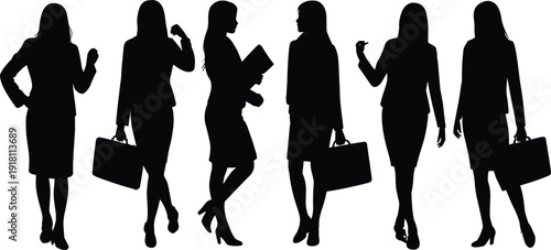 Silhouette of six business professionals in corporate attire vector illustration, office workers holding briefcases folders pens workplace concept isolated background