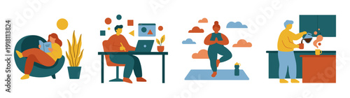 Flat Vector Lifestyle Character Asset Sheet for Remote Work Balance and Wellness Routine
