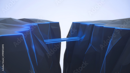 Abstract glowing blue bridge over a digital canyon, representing startup risk and innovation.
