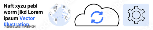 Cloud syncing icon with refresh arrow, global map with location markers, and gear for settings. Ideal for technology, cloud computing, data transfer, global networking, settings management, IT