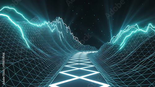 3D wireframe road through glowing neon mountains, representing startup risk and progress.