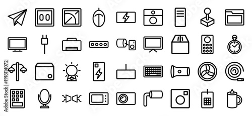 Universal technology and household icon collection. Heavyweight vector pictograms of a monitor, keyboard, camera, battery, and tools in a bold thick outline style.