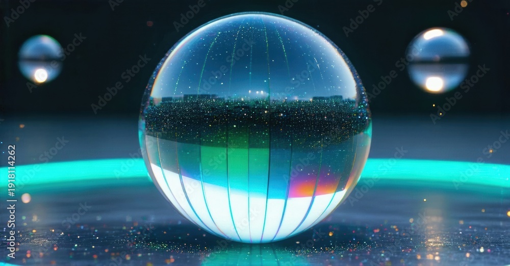 Fototapeta premium Glowing sphere contains cityscape reflection. Blue light surrounds object, creating futuristic scene. Two blurred orbs visible background.