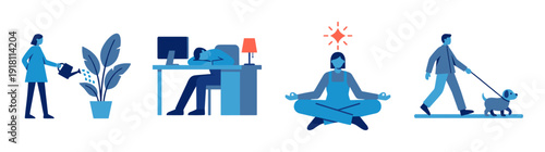 Flat Vector Mental Health and Work Life Balance Illustration Set for Corporate Wellness Programs