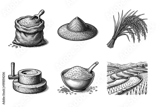 Vintage woodcut style illustration set featuring rice cultivation elements including terraced fields, grain sacks, harvesting tools, and traditional bowls.