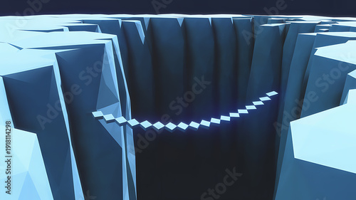 Abstract digital bridge made of blocks over a deep ice chasm, signifying startup risk.