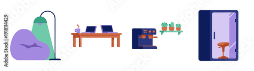 Flat Vector Modern Office Coworking Furniture Graphic Set for Hybrid Workspace Design