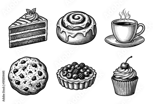 Vintage woodcut style collection of bakery desserts and coffee including cake slice cinnamon roll chocolate chip cookie berry tart and cupcake.
