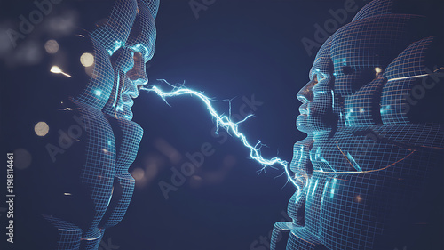 Digital faces connected by lightning, symbolizing communication, ideas, and startup risk.
