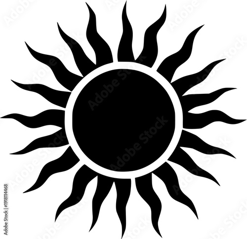 Stylized black sun silhouette with wavy rays, minimalist solar celestial symbol isolated on white background.