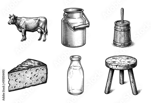 Vintage engraving style dairy farm collection featuring a cow, milk can, butter churn, cheese wedge, glass bottle, and wooden milking stool.