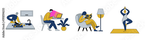 Minimalist Flat Vector Lifestyle People Graphic Set for Modern Wellness and Remote Work Design