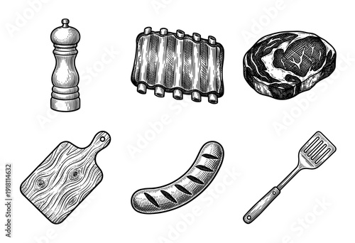 Vintage hand drawn engraving style barbecue and meat collection featuring steak, ribs, sausage, and grilling tools
