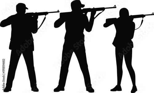 Silhouette of three armed men holding rifles in military stance vector illustration, defense concept shooting practice isolated on white background