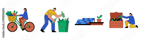 Flat Vector Sustainable Lifestyle Character Element Kit for Eco-Friendly Living and Environmental Advocacy