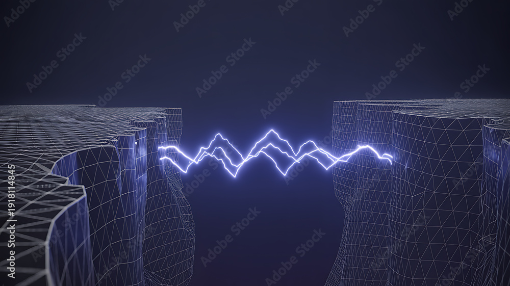 Naklejka premium Electric blue zig-zag bridge over a digital chasm, symbolizing overcoming startup risk.