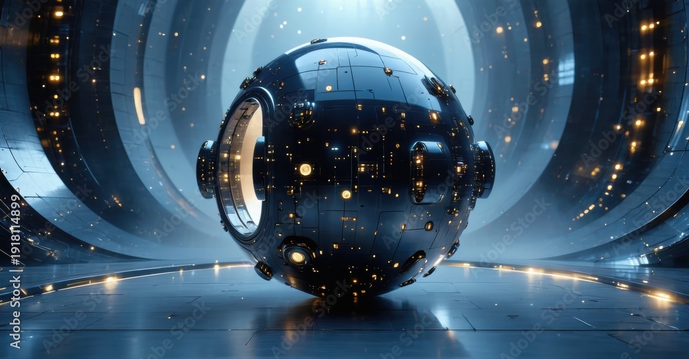 Fototapeta premium Futuristic sphere rests center sleek tunnel. Glowing lights illuminate metallic surface, creating dramatic visual effect. Dark background emphasizes depth.