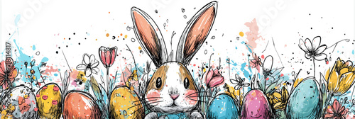 Easter bunny holding decorated eggs and spring flowers wallpaper. Whimsical Easter bunny holding colorful decorated eggs and spring flowers in hand-drawn doodle style