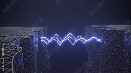 Electric blue zig-zag bridge over a digital chasm, symbolizing overcoming startup risk.
