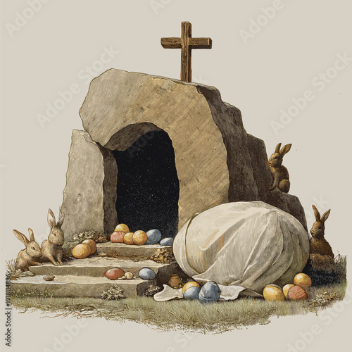 Empty tomb with cross and easter bunnies celebrating resurrection. Easter greeting card. Empty cave, stone rolled away, with cross, bunnies and colorful Easter eggs