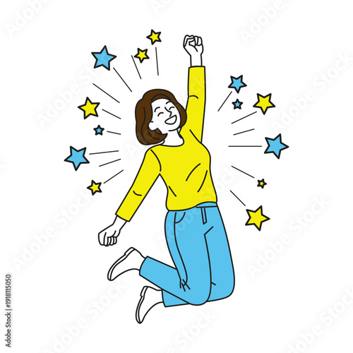 Woman Jumping Happily with Stars Celebrating Success and Achievement