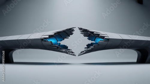 Abstract futuristic broken structure with glowing blue interior, concept of failure and startup risk