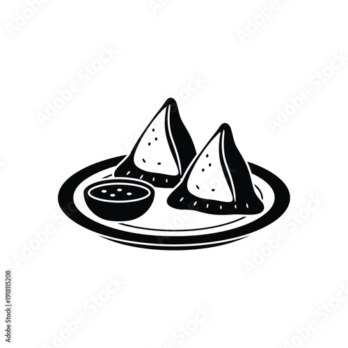 Samosa Plate with Sauce silhouette vector art illustration