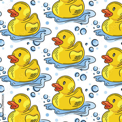 Cute rubber ducky repeat pattern in vector with bubbles and bath water puddle