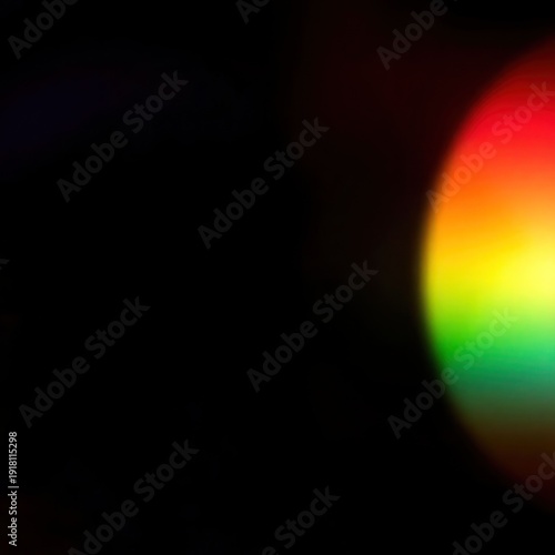 Blurred rainbow refraction overlay effect. Light lens prism effect on black background. Holographic reflection, crystal flare leak shadow overlay. Colorful rainbow disco ball light