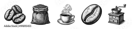 Vintage coffee collection featuring woodcut style illustrations of roasted beans, a burlap sack, steaming cup, and manual hand grinder.