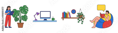 Flat Vector Remote Work and Study Character Element Kit for Freelance Productivity and Home Office Graphics