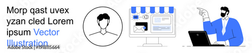 Digital identity, online communication, user interface, profile creation, e-commerce, virtual collaboration. A person, profile icon and computer setup. Digital identity and online communication