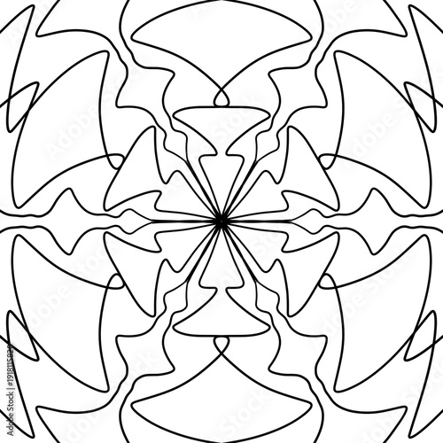 Abstract geometric vector pattern with symmetrical ornamental lines. Decorative monochrome design inspired by floral and mandala shapes. Perfect for coloring pages, backgrounds, textile prints, packag